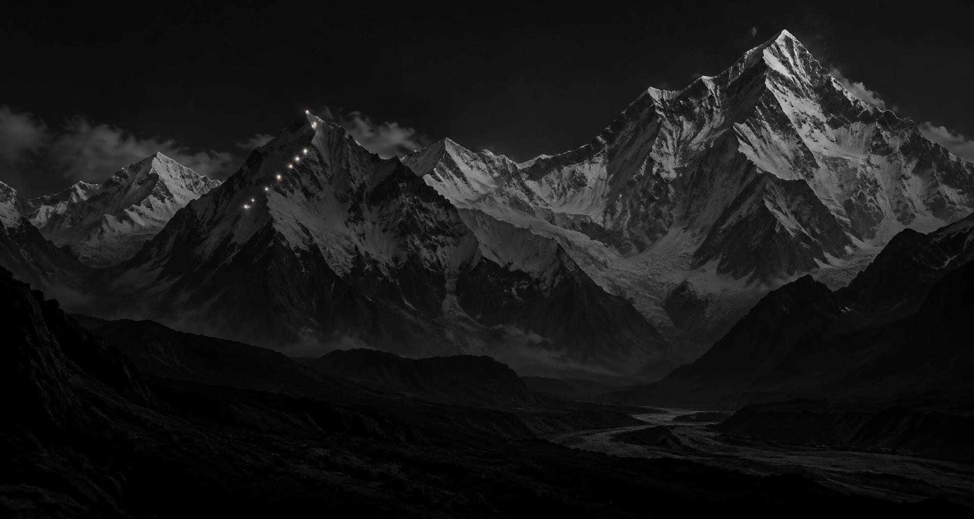 Mountain expedition climbing by headlamp at night